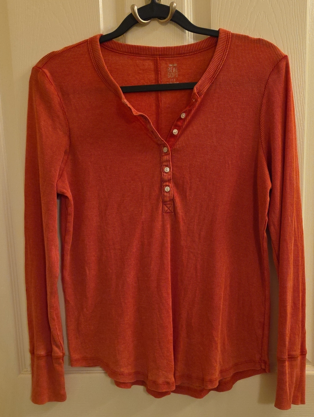 Aerie Ribbed Button-Front Long-Sleeve Henley Top - Coral